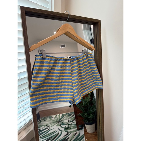 Zara Knit Shorts Large Blue and Yellow Striped High Waisted Elastic Waistband - Picture 1 of 6